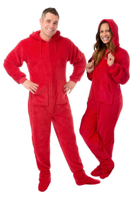 Hoodie Footed Red Plush Onesie Pajamas for Men Women Big Feet Onesies Footed Pajamas